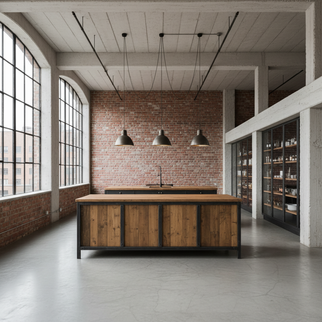 Szerokie ujęcie przestronnej kuchni w stylu loftowym, z wysokim sufitem i dużymi, fabrycznymi oknami wpuszczającymi mnóstwo naturalnego światła. W centrum znajduje się duża wyspa kuchenna z surowego drewna i czarnego metalu. W tle widoczna jest ściana z czerwonej, postarzanej cegły, a z sufitu zwisają designerskie lampy z metalowymi kloszami na długich, czarnych kablach. Całość jest elegancka, ale jednocześnie ma surowy, industrialny charakter.