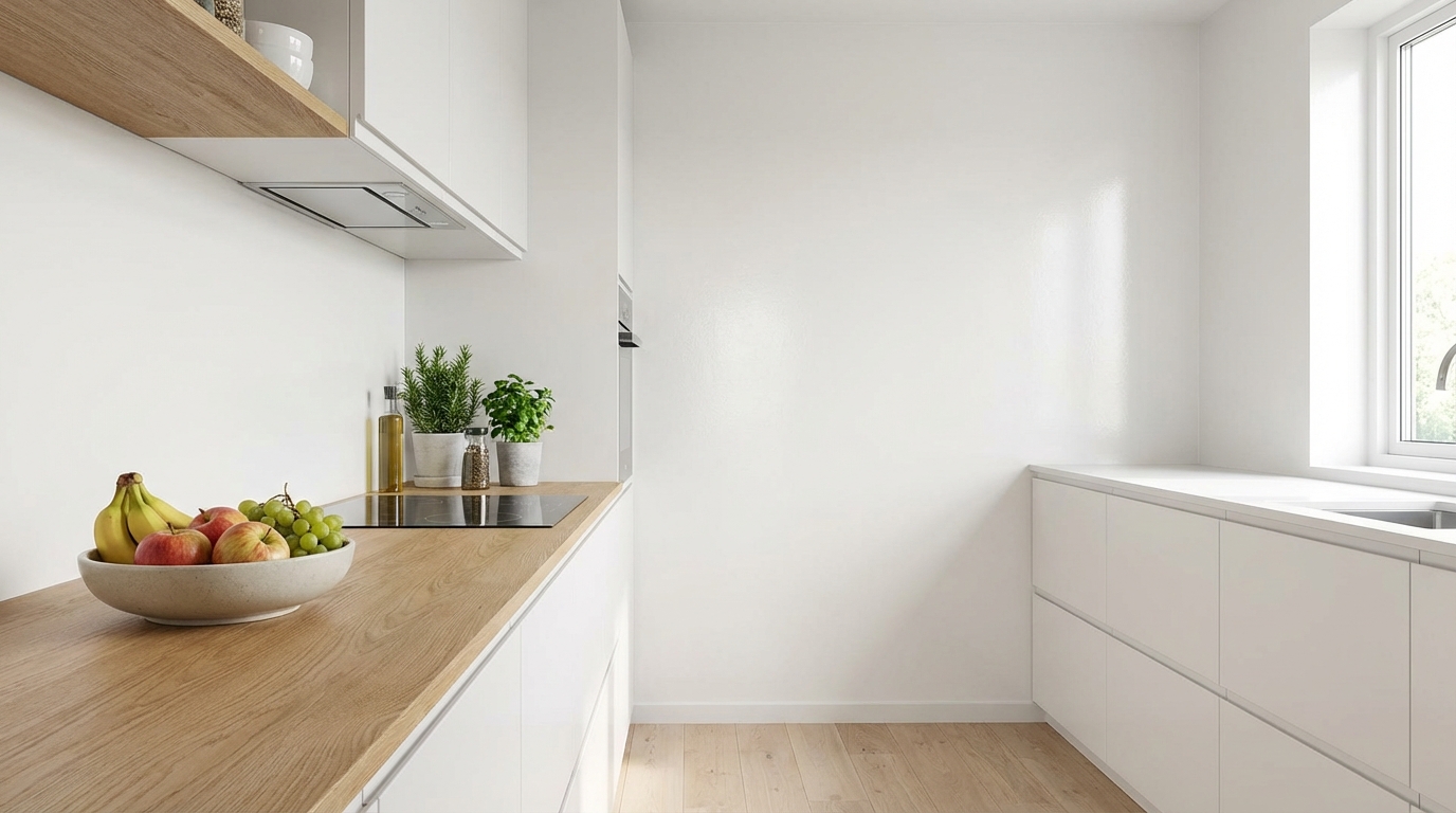 Fotorealistyczny obraz jasnej, nowoczesnej kuchni w stylu skandynawskim. Białe, gładkie ściany pomalowane farbą z satynowym połyskiem delikatnie odbijają światło wpadające przez duże okno. Na pierwszym planie widać fragment drewnianego blatu z misą świeżych owoców. Kuchnia jest idealnie czysta i uporządkowana, co podkreśla jakość i estetykę wykończenia ścian.