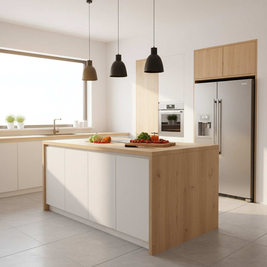 Jasne, przestronne wnętrze kuchni w nowoczesnym stylu, łączące biel, naturalne drewno i subtelne, czarne akcenty. Centralnym punktem jest duży blat roboczy, na którym leżą świeże warzywa i deska do krojenia, sugerując przygotowania do gotowania. W tle widać ergonomiczną zabudowę meblową i nowoczesny sprzęt AGD. Światło wpadające przez duże okno nadaje całości ciepły, przyjazny charakter.