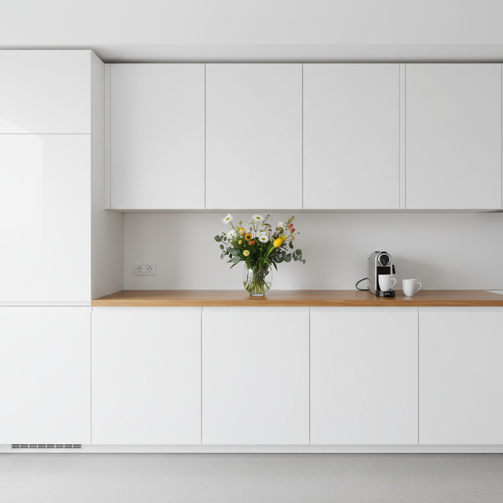 Ujęcie minimalistycznej, białej kuchni. Gładkie, bezuchwytowe fronty szafek odbijają światło. Ciepły, drewniany blat kontrastuje z bielą, a na nim stoi wazon ze świeżymi kwiatami. Kuchnia jest idealnie czysta i uporządkowana, co podkreśla jej funkcjonalny charakter.
