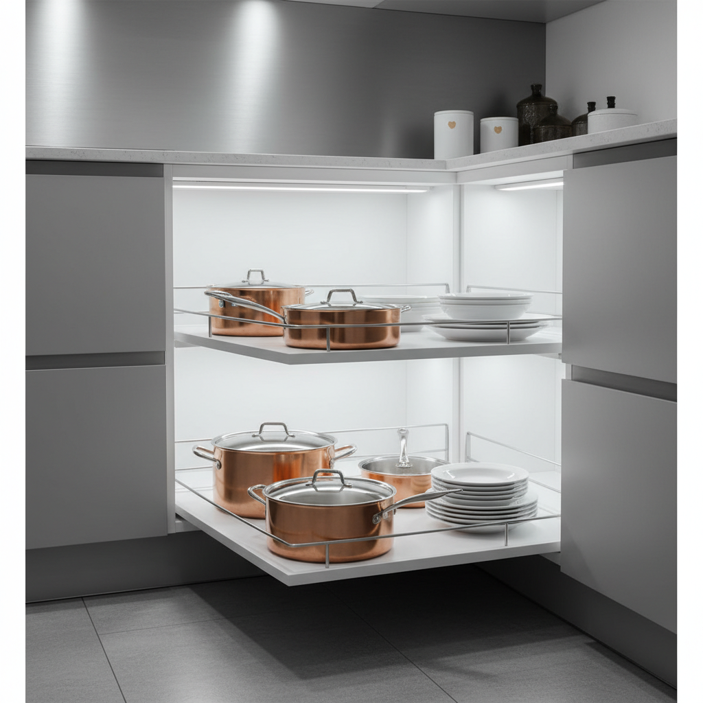 Stylowa, otwarta szafka narożna w nowoczesnej kuchni. Dwie opływowe, białe półki systemu LE MANS są płynnie wysunięte na zewnątrz, prezentując elegancko ułożone na nich miedziane garnki i białą porcelanę. Wnętrze szafki jest dobrze oświetlone, podkreślając funkcjonalność i design mechanizmu.