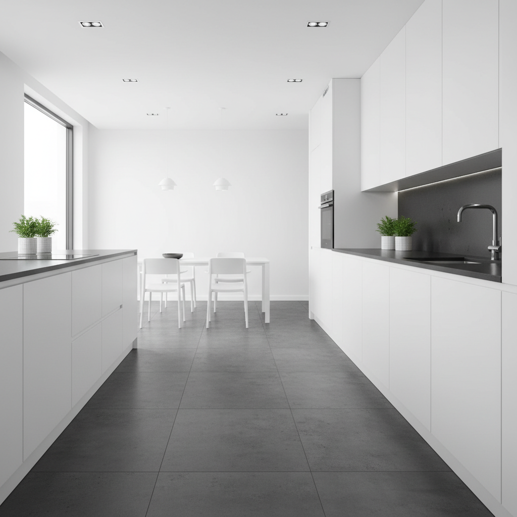 Nowoczesna, minimalistyczna kuchnia z białymi, bezuchwytowymi szafkami i czarnym blatem. Na podłodze położone są duże, kwadratowe panele LVT imitujące ciemnoszary, surowy beton. Podłoga jest jednolita, bez widocznych fug, co potęguje wrażenie spójności i nowoczesności. W tle widać designerski stół z krzesłami, a całe wnętrze jest dobrze oświetlone.