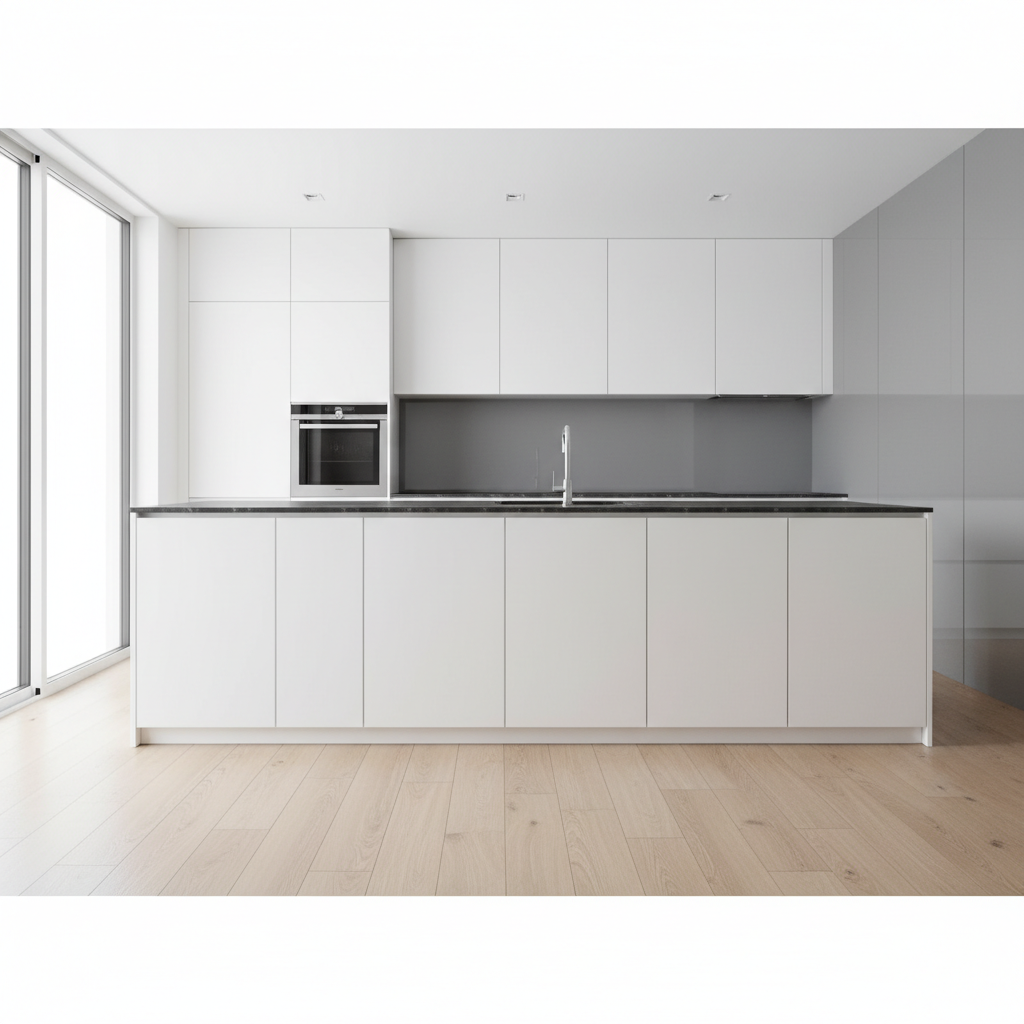 Jasna, przestronna kuchnia w nowoczesnym stylu. Minimalistyczne, białe szafki bez uchwytów kontrastują z wyspą kuchenną z ciemnego kamienia. Na podłodze widoczne są wysokiej jakości panele podłogowe imitujące naturalne drewno. Przez duże okno wpada mnóstwo naturalnego światła, oświetlając eleganckie, proste formy mebli i stalowe akcenty sprzętu AGD. W tle widać fragment ściany pokryty gładkim, szarym szkłem, odbijającym światło.