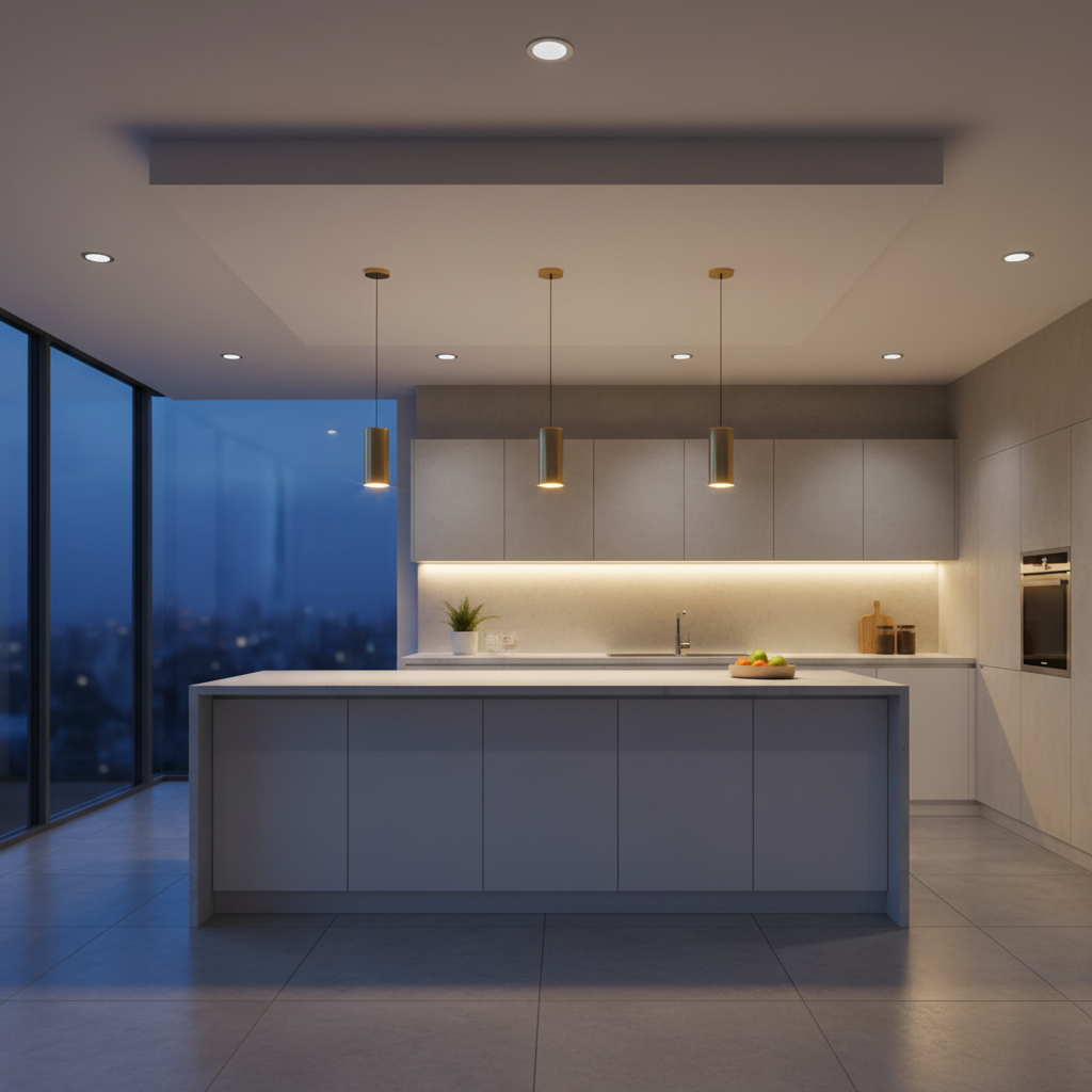 Nowoczesna, minimalistyczna kuchnia z wyspą kuchenną o zmierzchu. Ciepłe światło z trzech eleganckich lamp wiszących nad wyspą, połączone z funkcjonalnym oświetleniem LED pod szafkami i subtelnymi punktami świetlnymi w suficie podwieszanym. Aranżacja jest zarówno przytulna, jak i praktyczna, pokazując idealną harmonię różnych typów oświetlenia. Fotorealistyczny obraz, wysoka jakość.