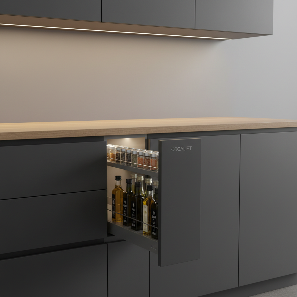 Zbliżenie na fragment nowoczesnej kuchni z grafitowymi szafkami i drewnianym blatem. Pomiędzy szafką wiszącą a blatem wysunięta jest smukła, pionowa szuflada ORGALIFT, w której starannie poukładane są eleganckie pojemniki na przyprawy i małe buteleczki z oliwą. Oświetlenie LED subtelnie podkreśla jej zawartość.