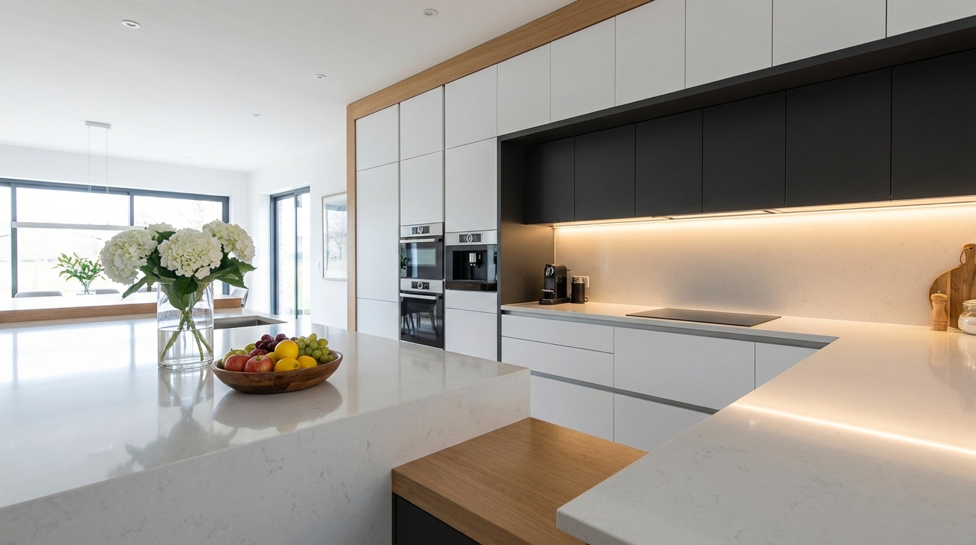 Nowoczesna, stylowa kuchnia w odcieniach bieli i grafitu z drewnianymi akcentami. Idealnie czyste, lśniące blaty, nowe sprzęty AGD w zabudowie. Na wyspie kuchennej stoi wazon ze świeżymi kwiatami i miska z owocami. Oświetlenie LED pod szafkami tworzy ciepły, przytulny nastrój. Zdjęcie wykonane z perspektywy, która podkreśla przestronność i funkcjonalność pomieszczenia.
