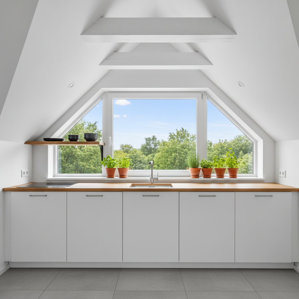 Jasna, nowoczesna kuchnia na poddaszu z białymi szafkami i drewnianym blatem. Centralnym punktem jest duże okno kolankowe, przez które wpada mnóstwo naturalnego światła, oświetlając przestrzeń roboczą i doniczki z ziołami na parapecie. Widok za oknem to zielone korony drzew i błękitne niebo.