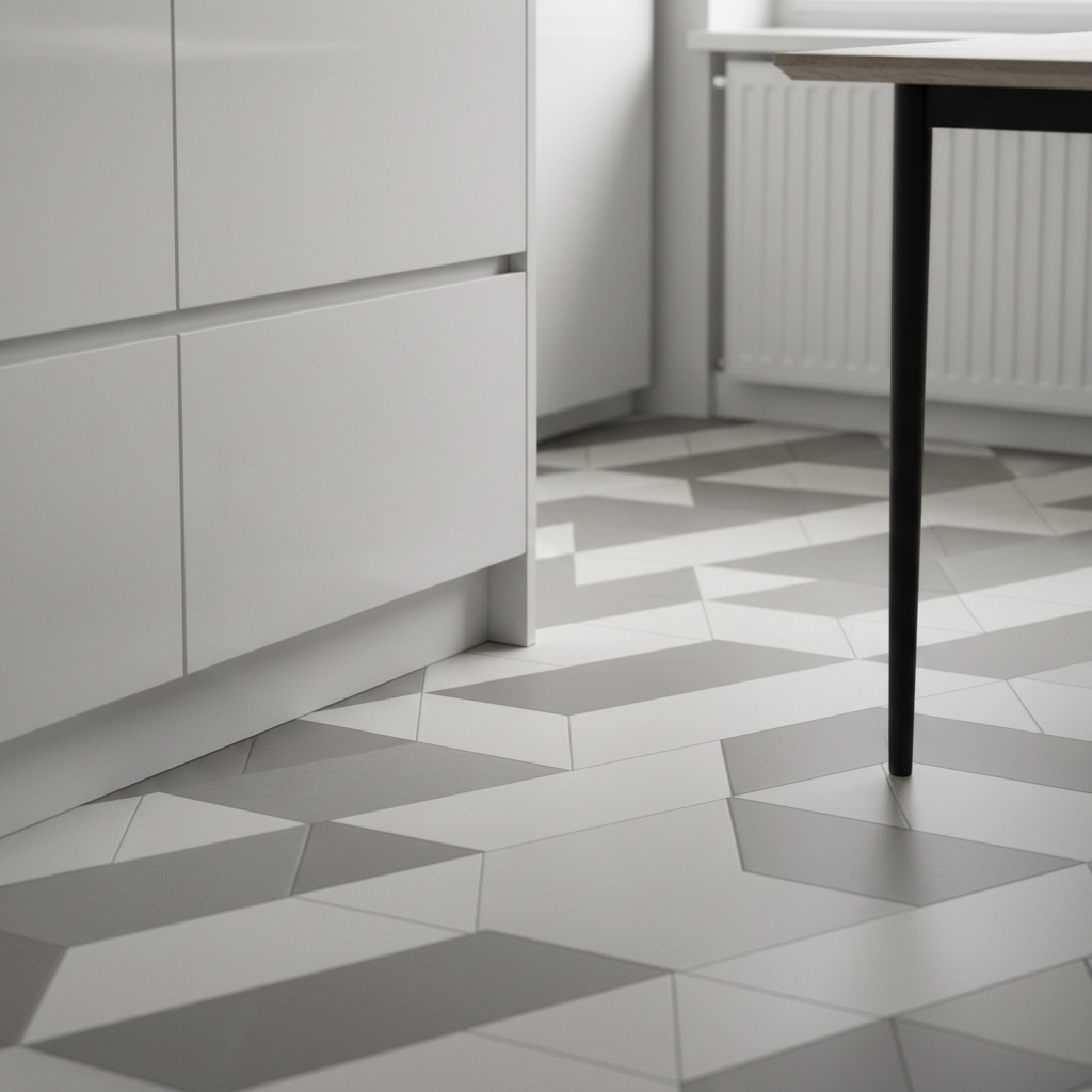 Zbliżenie na stylową podłogę w kuchni wyłożoną geometrycznymi płytkami gresowymi w odcieniach szarości i bieli. Na podłodze widać fragment nowoczesnej, białej szafki kuchennej oraz nogę od stołu. Światło delikatnie odbija się od matowej powierzchni płytek.