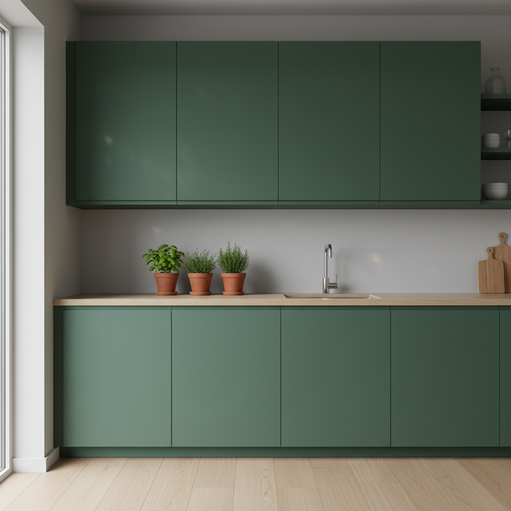 Nowoczesna kuchnia w stylu skandynawskim z szafkami w kolorze butelkowej zieleni. Ściana pomiędzy blatem a górnymi szafkami pomalowana jest na jasnoszary kolor farbą satynową, na której widać delikatne, eleganckie refleksy świetlne padające z okna. Na blacie stoją świeże zioła w doniczkach.
