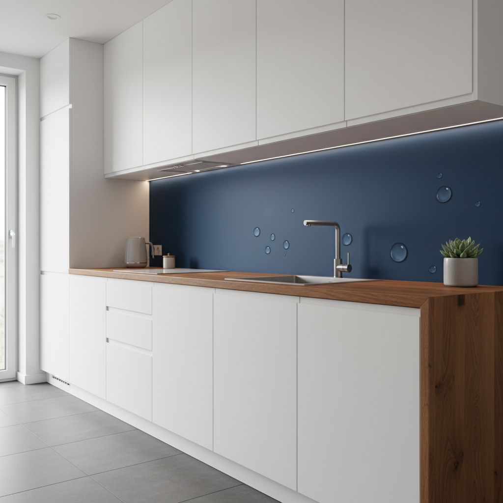 stylowa, nowoczesna kuchnia z białymi szafkami bez uchwytów i drewnianym blatem. Ściana nad blatem, zamiast tradycyjnych płytek, pomalowana jest na głęboki, matowy granatowy kolor. Na ścianie widać kilka kropli wody, które nie wsiąkają, demonstrując hydrofobowe właściwości farby.