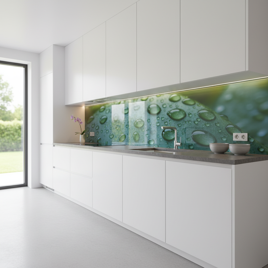 Szerokie ujęcie jasnej, nowoczesnej kuchni z białymi szafkami bez uchwytów. Centralnym punktem jest ściana nad ciemnoszarym, kwarcowym blatem, w całości pokryta szklanym panelem z subtelną, fotorealistyczną grafiką przedstawiającą w dużym zbliżeniu krople wody na zielonym liściu. Oświetlenie LED pod szafkami delikatnie rozświetla taflę szkła, podkreślając jej głębię i kolory.