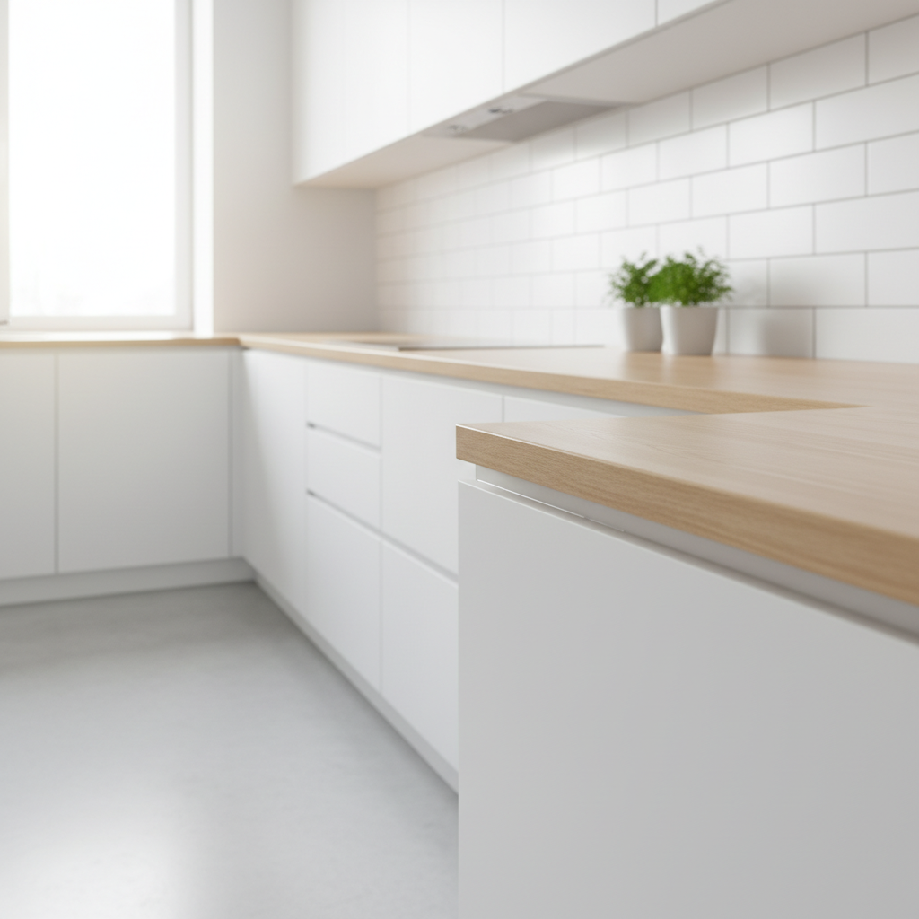 Jasna, nowoczesna kuchnia z białymi szafkami i blatem z jasnego drewna. Widoczna jest subtelna, idealnie gładka, przezroczysta spoina w miejscu, gdzie blat łączy się z dekoracyjną ścianą z białych płytek. Miękkie, naturalne oświetlenie podkreśla czyste linie i nieskazitelne wykończenie wnętrza.