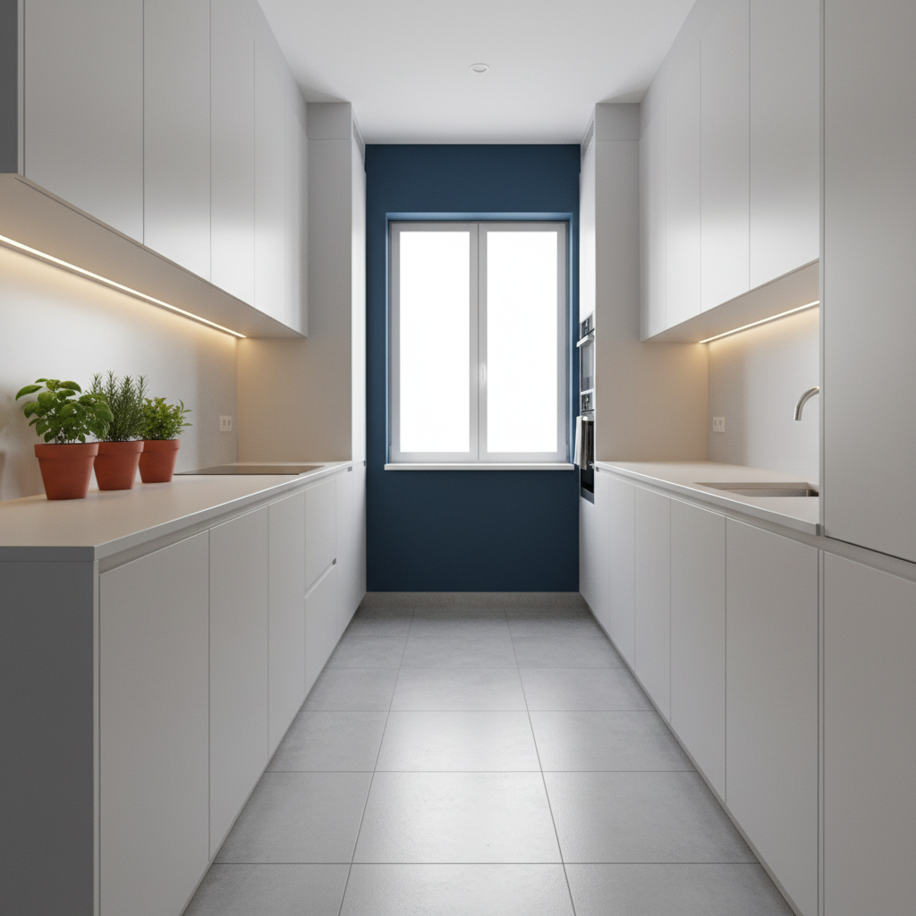 Długa, wąska kuchnia urządzona w nowoczesnym stylu. Dłuższe ściany i szafki kuchenne są w kolorze białym lub jasnoszarym. Ściana na końcu kuchni, pod oknem, jest pomalowana na głęboki, matowy granatowy kolor. Ten ciemny akcent optycznie skraca pomieszczenie, nadając mu lepsze proporcje. Na blacie stoi kilka zielonych ziół w doniczkach.