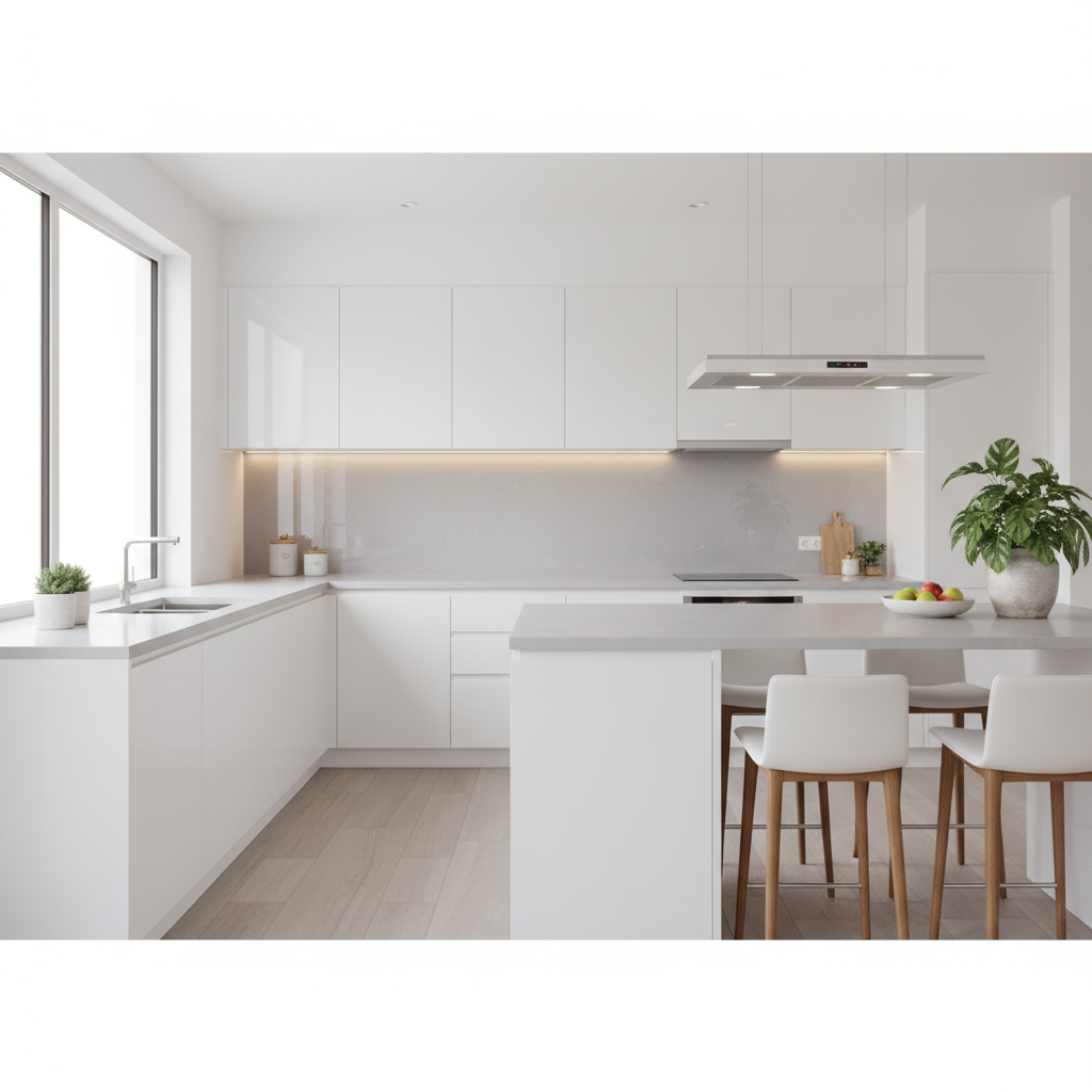 Jasna, nowoczesna kuchnia z białymi, bezuchwytowymi szafkami na wysoki połysk, ułożonymi w kształcie litery L. Błyszczące fronty odbijają światło z okna, sprawiając, że przestrzeń wydaje się większa i bardziej otwarta. Blat wykonany jest z czystego, szarego kwarcu, a ściana nad blatem wykończona jest pojedynczą taflą odblaskowego szkła.