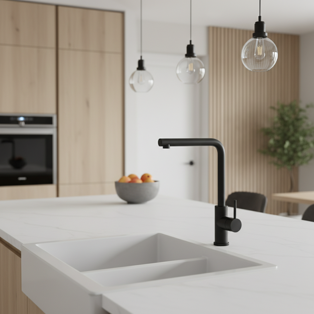 Nowoczesna, jasna kuchnia w stylu skandynawskim z dużą wyspą kuchenną. Na pierwszym planie, jako centralny punkt, znajduje się elegancka, czarna matowa bateria kuchenna o minimalistycznym designie, zamontowana przy białym, kompozytowym zlewie. W tle widać subtelne, drewniane akcenty i stylowe oświetlenie. Zdjęcie jest czyste, estetyczne i inspirujące.