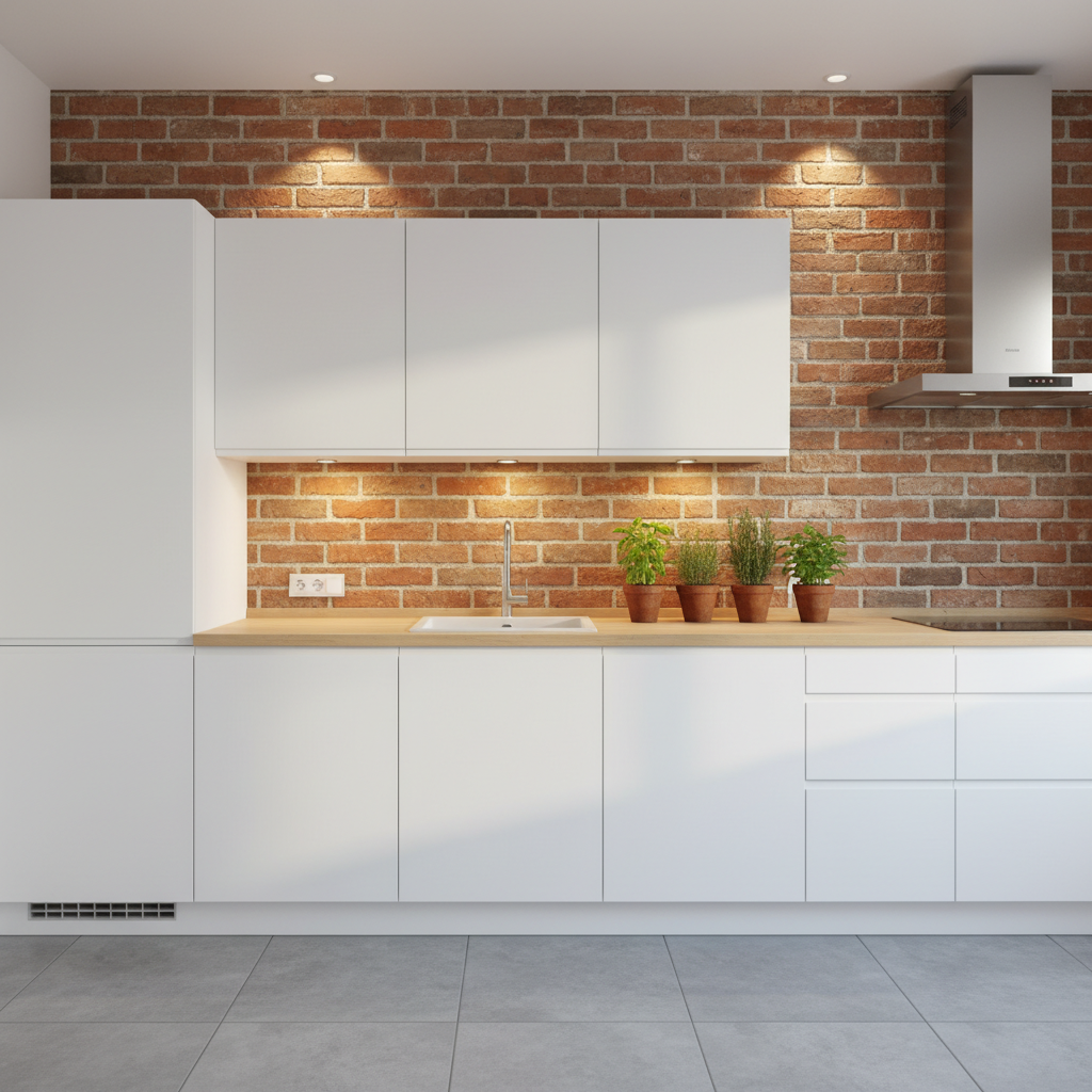 Jasna, nowoczesna kuchnia z białymi szafkami bez uchwytów i drewnianym blatem. Centralnym punktem jest ściana z czerwonej, postarzanej cegły klinkierowej, oświetlona ciepłym, punktowym światłem. Na blacie stoją świeże zioła w doniczkach, a w tle widać fragment salonu, co tworzy wrażenie otwartej przestrzeni.
