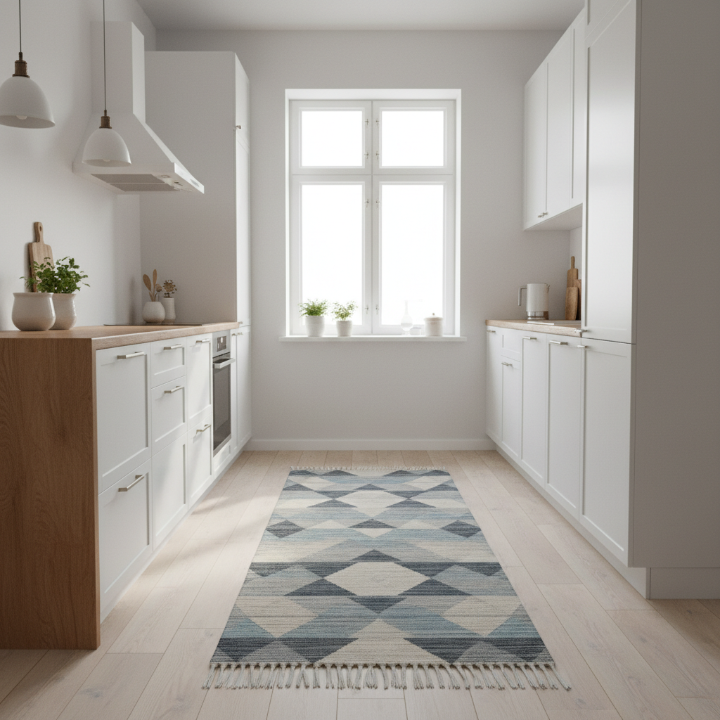 Jasna, nowoczesna kuchnia w stylu skandynawskim z białymi szafkami i drewnianym blatem. Na podłodze z jasnych paneli leży długi, wzorzysty chodnik w odcieniach szarości i błękitu, dodając wnętrzu koloru i przytulności. Słońce wpada przez duże okno, oświetlając całą przestrzeń.