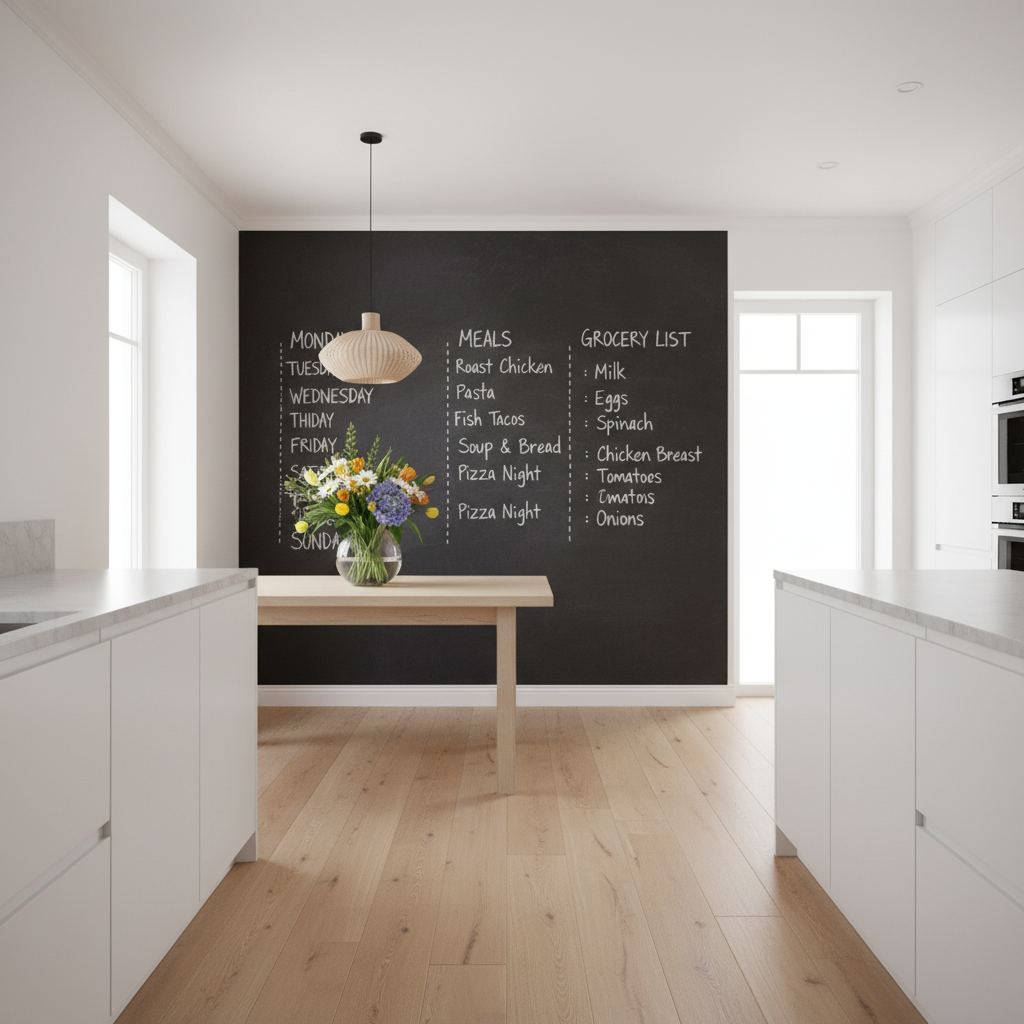 Nowoczesna, jasna kuchnia w skandynawskim stylu. Na jednej ze ścian, pomalowanej czarną farbą tablicową, widnieje starannie narysowany kredą tygodniowy plan posiłków i lista zakupów. Obok stoi drewniany stół z wazonem świeżych kwiatów, co tworzy ciepły i domowy nastrój.