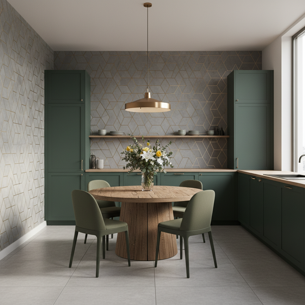 Stylowa kuchnia z geometrycznym, wodoodpornym wzorem tapety w odcieniach szarości i złota na jednej ze ścian, harmonizująca z ciemnozielonymi szafkami i drewnianym stołem. Na stole stoi wazon ze świeżymi kwiatami.