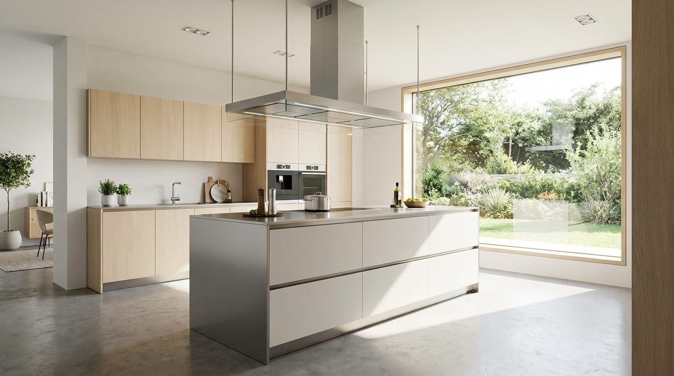 Fotorealistyczne zdjęcie nowoczesnej, jasnej kuchni z dużą wyspą kuchenną. Nad wyspą wisi elegancki, designerski okap wyspowy ze stali nierdzewnej i szkła. W tle widać minimalistyczne szafki i duże okno z widokiem na ogród.