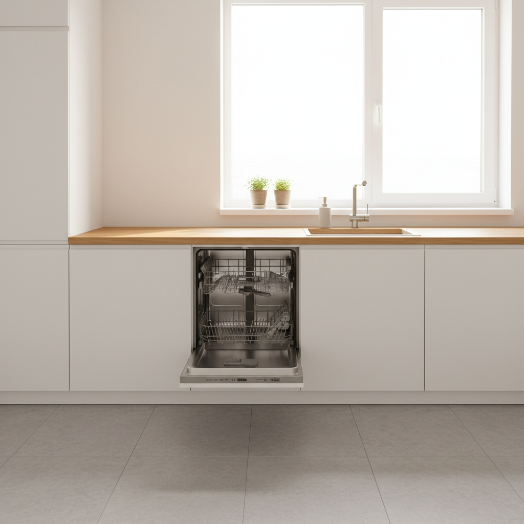 Jasna, nowoczesna kuchnia z białymi szafkami i drewnianym blatem. W centrum kadru widać częściowo otwartą, w pełni zintegrowaną zmywarkę do zabudowy, obok której znajduje się elegancki zlewozmywak. Światło jest ciepłe i naturalne, a cała aranżacja sprawia wrażenie czystości i porządku.