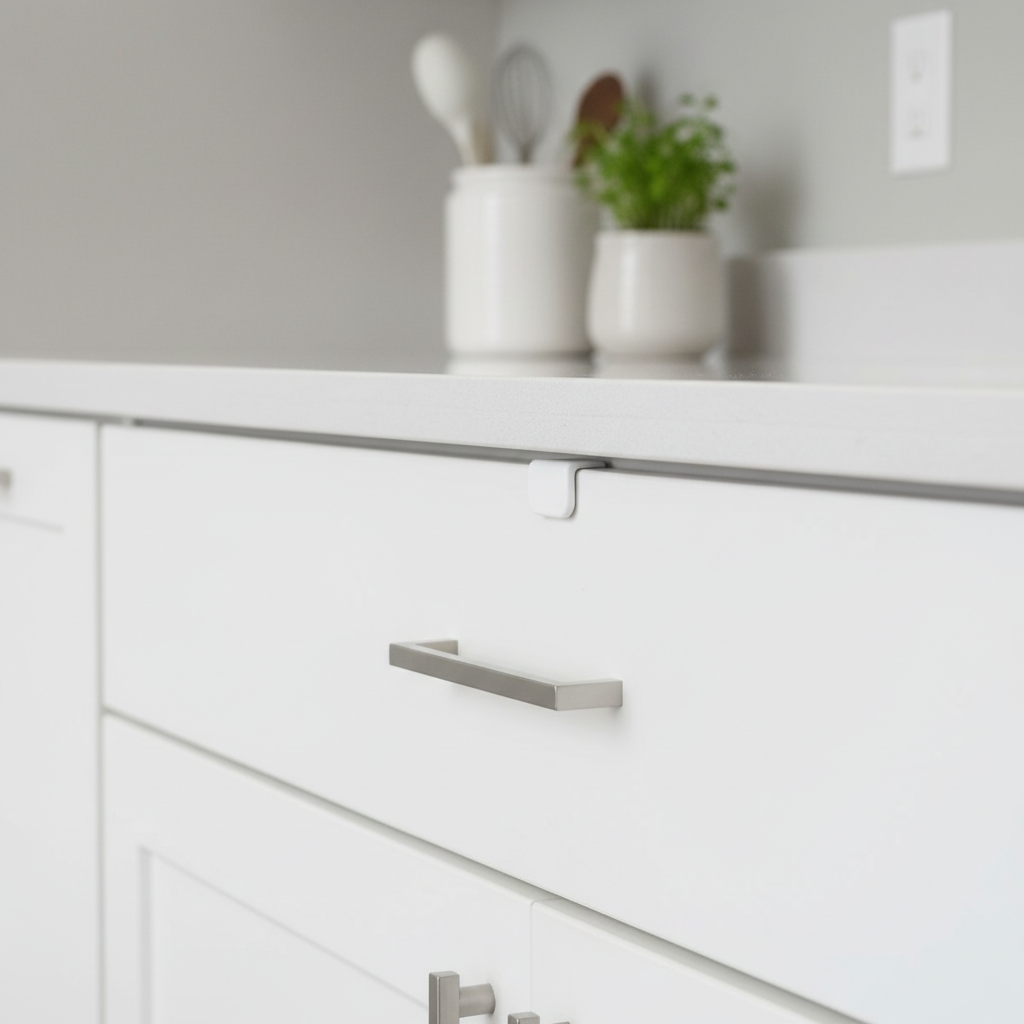 Estetyczne ujęcie detalu w nowoczesnej kuchni. Na białej szufladzie z eleganckim uchwytem zamontowana jest dyskretna, biała blokada dla dzieci. W tle widać fragment blatu kuchennego i czystą, uporządkowaną przestrzeń. Obraz sugeruje, że bezpieczeństwo może być stylowe i nieinwazyjne.