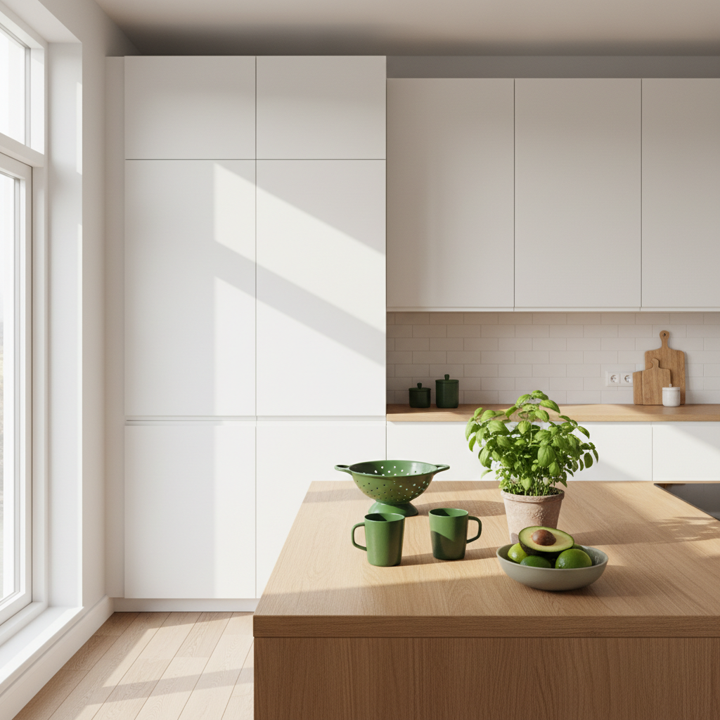 Nowoczesna, jasna kuchnia z białymi szafkami i drewnianym blatem. Na blacie stoją stylowe akcesoria w kolorze soczystej zieleni (Greenery): designerski cedzak, kubki, miseczka z awokado i limonkami oraz mała doniczka ze świeżą bazylią. Przez okno wpada poranne słońce, tworząc ciepłą i energetyczną atmosferę.