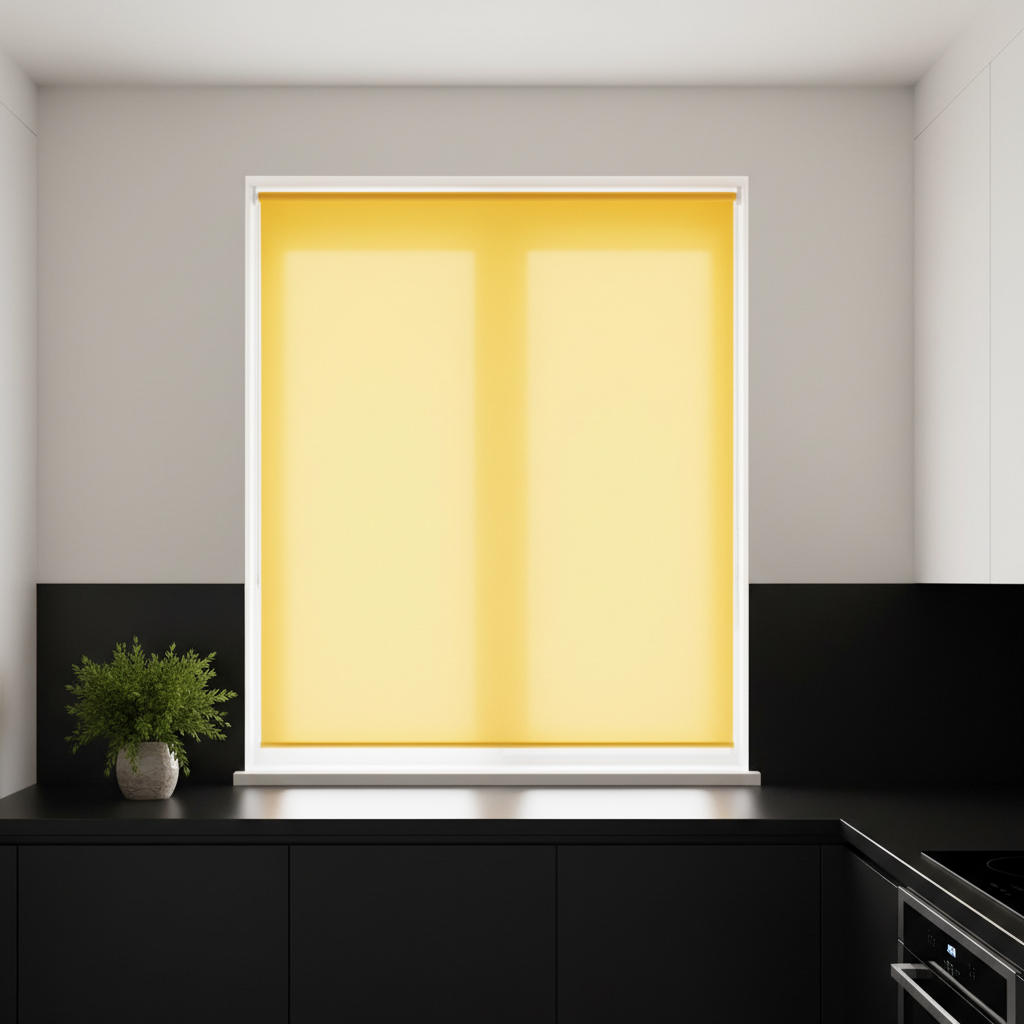 Zdjęcie fragmentu eleganckiej, czarno-białej kuchni z dużym oknem. W oknie wisi intensywnie żółta, gładka roleta, która stanowi silny, słoneczny akcent kolorystyczny. Światło dzienne delikatnie przenika przez roletę, rzucając ciepłą poświatę na minimalistyczny, czarny blat kuchenny. Na blacie stoi mała, zielona roślina doniczkowa.
