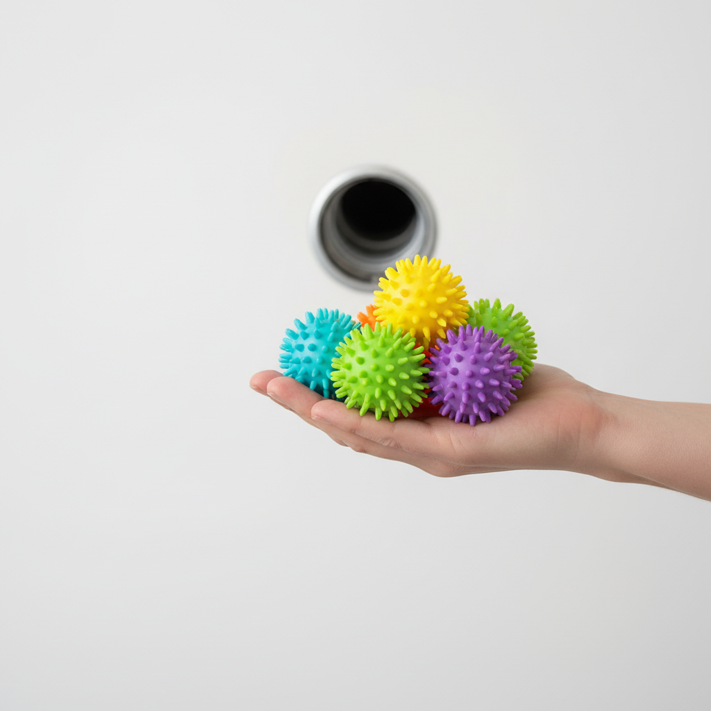 Estetyczne ujęcie dłoni trzymającej kilka kolorowych, gumowych kulek z wypustkami do czyszczenia rur. W tle widać otwarte gniazdo ssące na jasnej ścianie. Kompozycja jest czysta, minimalistyczna i skupia się na innowacyjnym produkcie, sugerując prostotę i skuteczność rozwiązania.