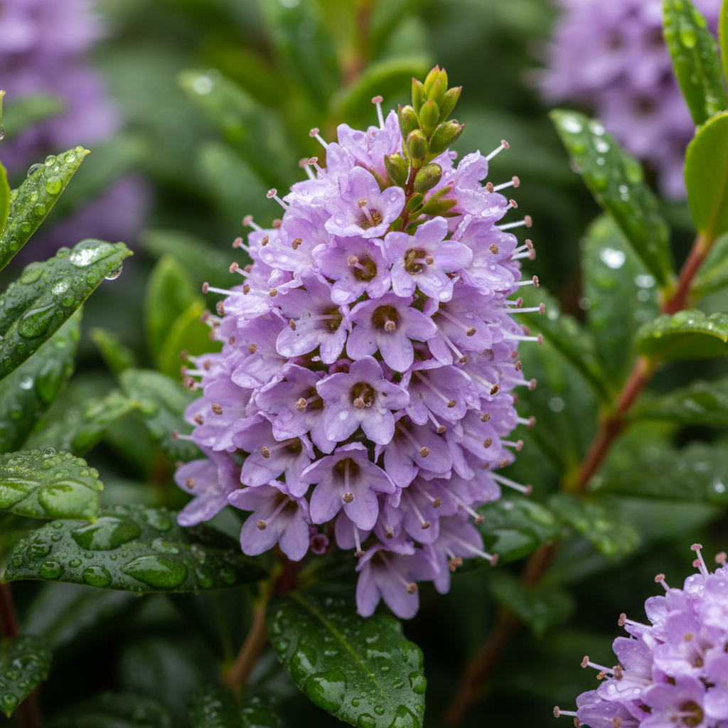Makro ujęcie delikatnych, fioletowych kwiatów Hebe zebranych w gęsty kwiatostan. W tle widać błyszczące, ciemnozielone liście rośliny, na których osiadły krople porannej rosy. Zdjęcie jest ostre i pełne detali, podkreślające subtelną urodę rośliny.