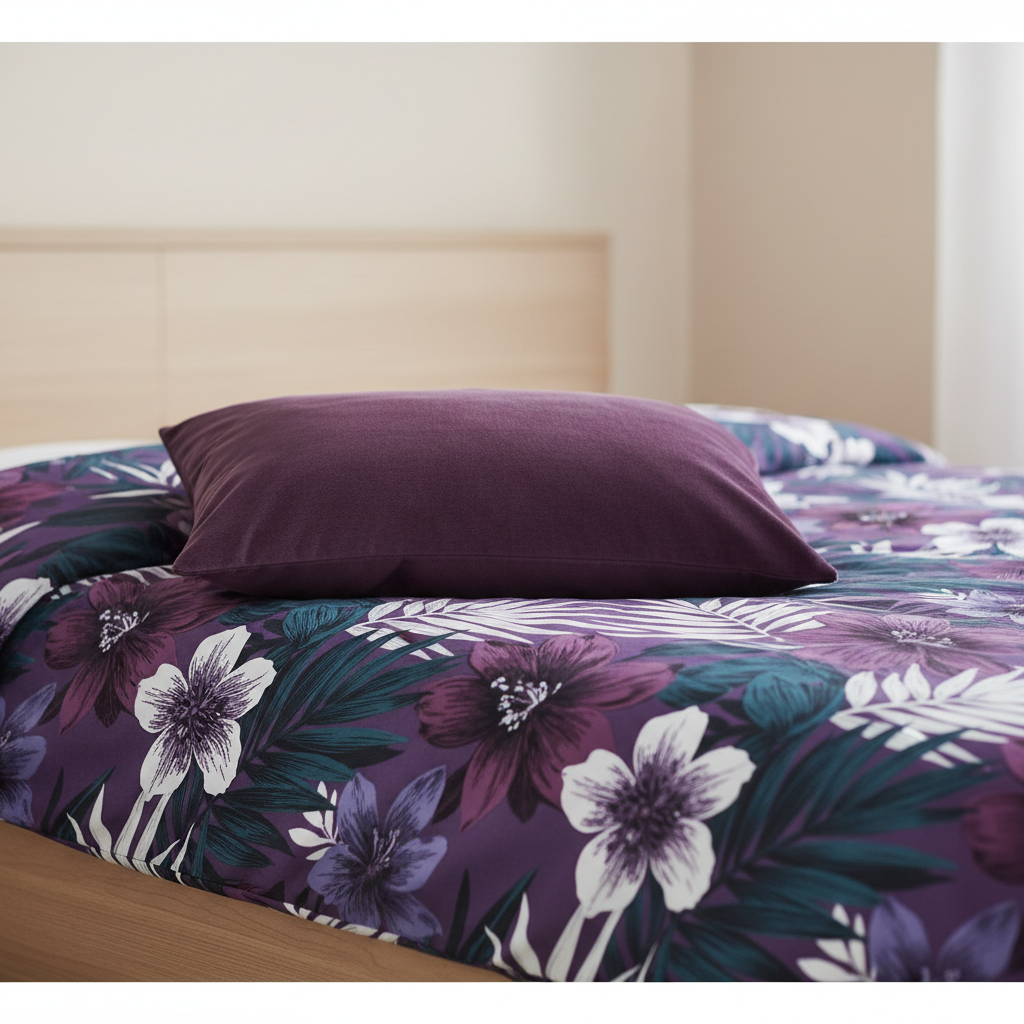 Zbliżenie na fragment łóżka przykrytego pościelą z dużym, nowoczesnym wzorem egzotycznych kwiatów i liści palmowych w odcieniach fioletu i ciemnego turkusu. Na pościeli leży gładka, welurowa poduszka w kolorze śliwkowego fioletu. Tło jest lekko rozmyte, ale widać fragment jasnej, neutralnej ściany.