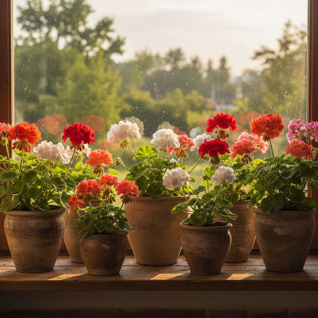 Kompozycja różnych odmian kolorystycznych pelargonii w ceramicznych donicach na drewnianym parapecie, skąpane w popołudniowym słońcu.