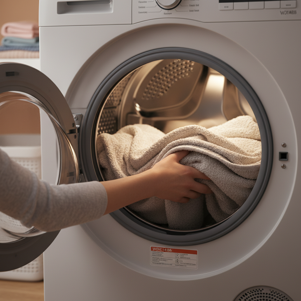 Ujęcie z bliska na otwarte drzwiczki pralko-suszarki Freggia WDIE14106. Dłonie kobiety z łatwością wkładają do przestronnego bębna duży, puszysty koc lub kilka ręczników. Światło delikatnie oświetla wnętrze urządzenia, podkreślając jego dużą pojemność i nowoczesną konstrukcję. Scena ma ciepły, domowy charakter.