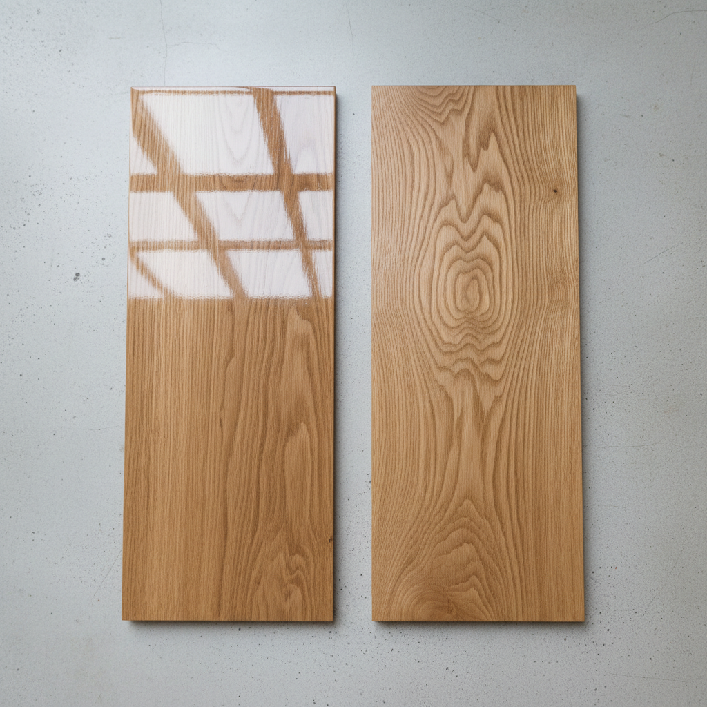 Estetyczne, minimalistyczne ujęcie dwóch identycznych desek z drewna dębowego leżących obok siebie. Lewa deska jest pokryta błyszczącym lakierem, który odbija światło, tworząc gładką, lustrzaną powierzchnię. Prawa deska jest zaolejowana, ma matowe, satynowe wykończenie, a jej naturalne słoje są głęboko podkreślone. Zdjęcie wykonane z góry, w naturalnym, miękkim oświetleniu.
