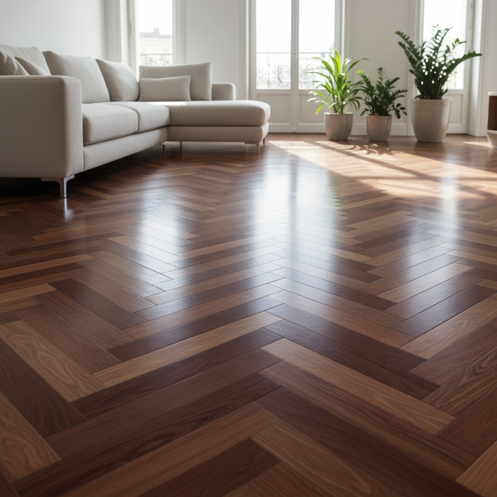 Szerokie ujęcie eleganckiego, jasnego salonu z piękną, błyszczącą lakierowaną podłogą drewnianą w jodełkę. Promienie słońca wpadające przez duże okno subtelnie oświetlają powierzchnię, podkreślając jej gładkość i głębię koloru. W tle widać nowoczesną sofę i kilka zielonych roślin doniczkowych.