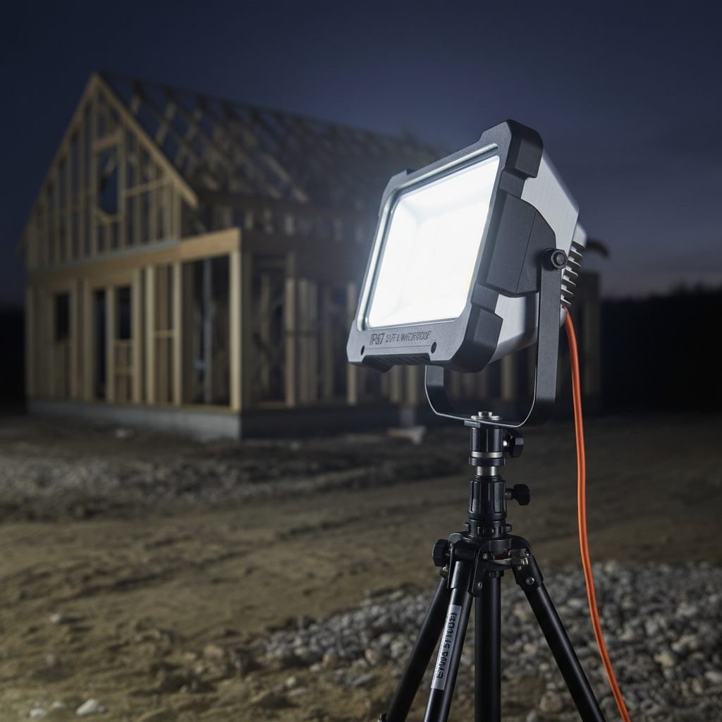 Zbliżenie na nowoczesny, wytrzymały reflektor LED na statywie, stojący na placu budowy. Lampa jest włączona, rzucając mocne, białe światło. Jej obudowa jest solidna, wykonana z metalu i tworzywa, widać na niej oznaczenia klasy wodoszczelności. W tle, w miękkim rozmyciu, widoczne są elementy konstrukcyjne budowanego domu.
