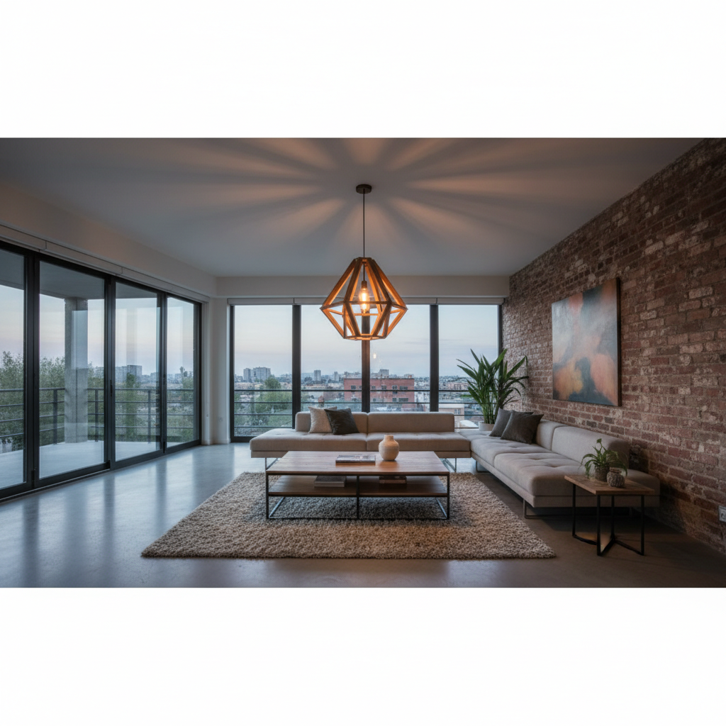 Szeroki kadr przedstawiający stylowy salon w stylu loftowym. Centralnym punktem jest wisząca, własnoręcznie wykonana lampa z drewna, rzucająca ciepłe, rozproszone światło na minimalistyczną sofę i stolik kawowy. Wnętrze charakteryzuje się surową, ceglaną ścianą, betonową podłogą i dużymi oknami. Lampa stanowi kluczowy, przytulny akcent w pomieszczeniu.