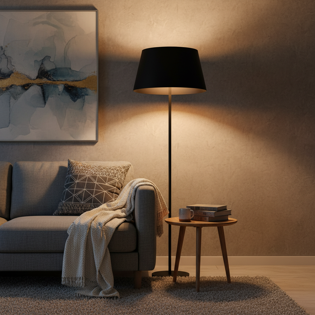 Zbiliżenie na róg przytulnego salonu, gdzie za szarą sofą stoi wysoka, czarna lampa podłogowa z dużym abażurem, rzucająca ciepłe, miękkie światło na ścianę i sufit, tworząc wrażenie głębi.