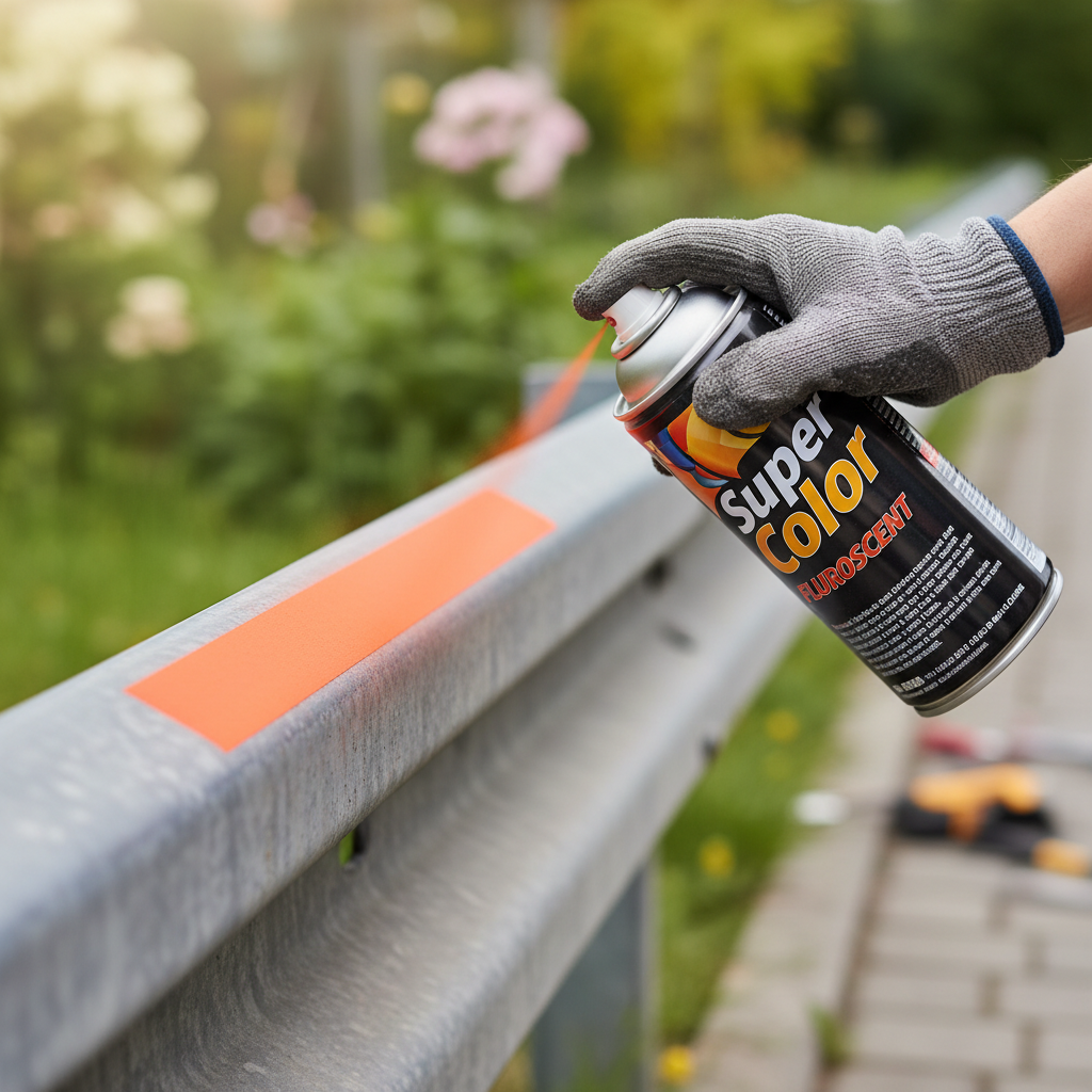 Zbliżenie na dłoń w rękawicy roboczej, która trzyma puszkę Super Color Fluorescent i z łatwością nanosi równomierny, pomarańczowy pas na metalową barierkę. W tle widać rozmyty ogród lub podjazd, co sugeruje zastosowanie na zewnątrz. Światło jest miękkie, a scena spokojna, podkreślając prostotę i precyzję aplikacji.