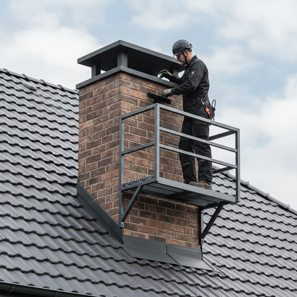 Nowoczesny komin z cegły klinkierowej na dachu pokrytym antracytową dachówką. Przy kominie zamontowana jest solidna, stalowa ława kominiarska w tym samym kolorze. Na ławie bezpiecznie stoi kominiarz w stroju roboczym, wykonujący przegląd. Ujęcie podkreśla funkcjonalność i solidność ławy jako platformy roboczej.