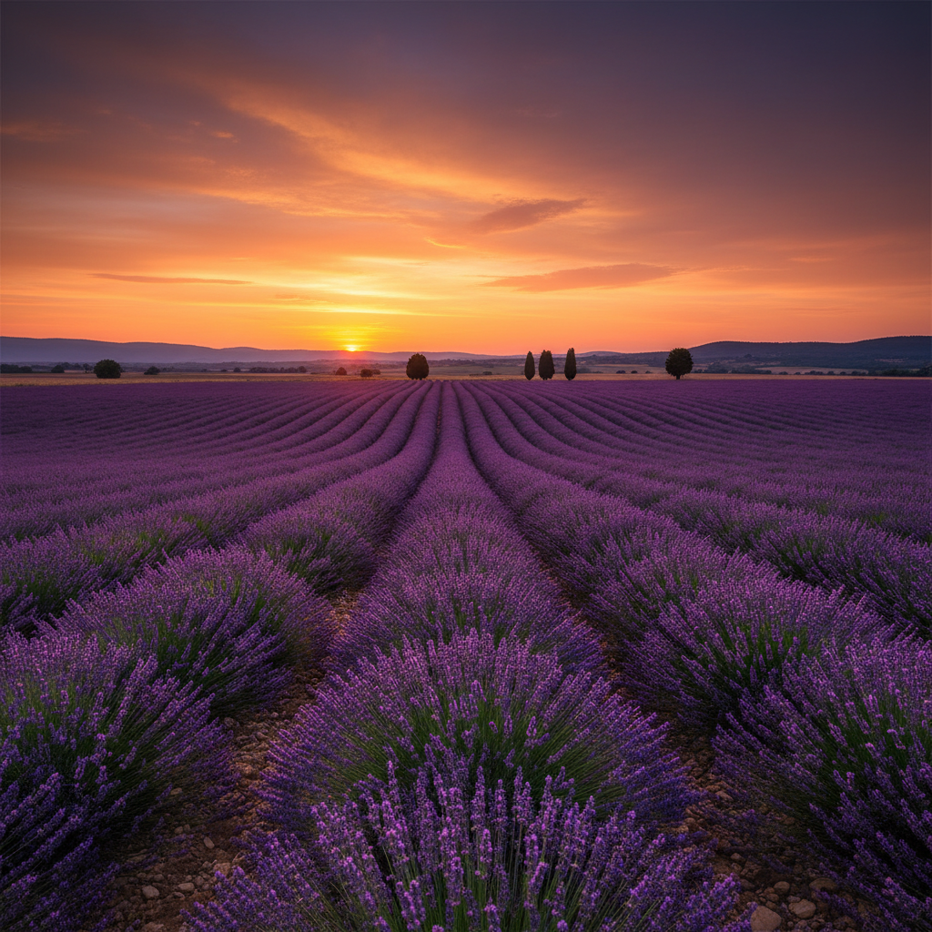 Szerokie ujęcie malowniczego pola lawendy w Prowansji o zachodzie słońca. Niebo ma ciepłe, pomarańczowo-fioletowe barwy. W oddali widać pojedyncze drzewa i wzgórza. Kadr skupia się na naturalnym pięknie i kolorach, które są inspiracją dla stylu.