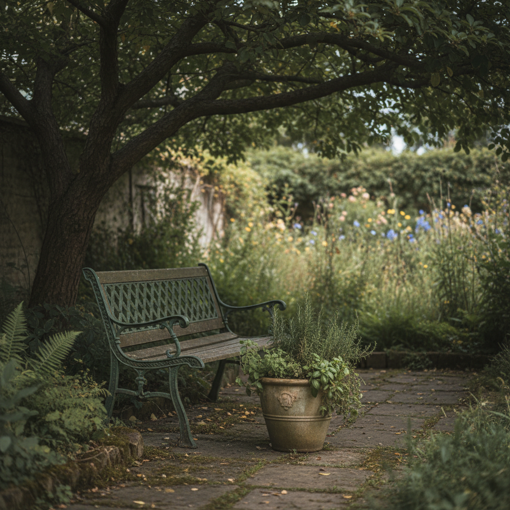 Stylowa, żeliwna ławka ogrodowa, lekko pokryta patyną, ustawiona pod rozłożystym drzewem w tajemniczym, lekko zacienionym fragmencie ogrodu. Obok ławki stoi stara, ceramiczna donica z ziołami. Scena emanuje spokojem i nostalgią.
