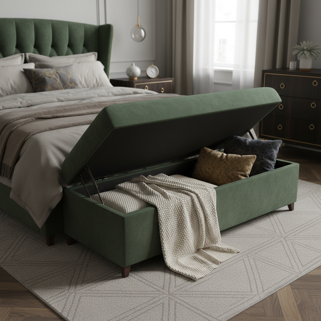 Elegancka, welurowa ławka w kolorze butelkowej zieleni stoi u stóp łóżka w stylowej sypialni. Siedzisko ławki jest lekko uniesione, ukazując pojemne wnętrze, w którym schowany jest gruby, wełniany koc i kilka dekoracyjnych poduszek. Scena jest spokojna i luksusowa.
