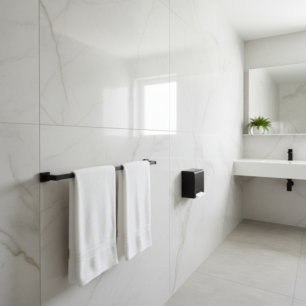 Jasna, nowocześnie urządzona łazienka z eleganckimi płytkami na ścianie. Na pierwszym planie widać stylowy, czarny wieszak na ręczniki i dozownik na mydło, perfekcyjnie zamontowane. Światło jest miękkie i podkreśla czystość oraz estetykę wnętrza, inspirując do zadbania o każdy detal podczas remontu.