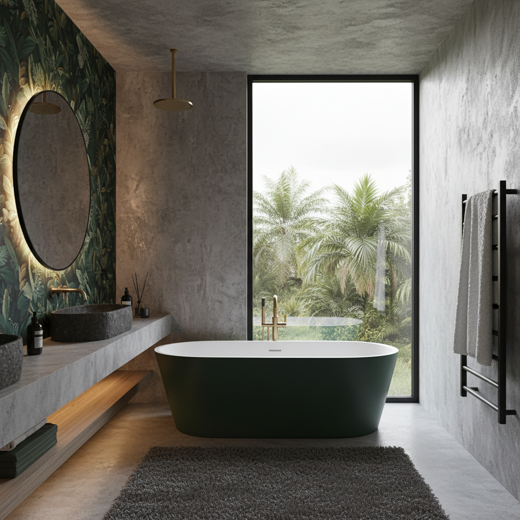 Nowoczesna, odważna łazienka z wolnostojącą wanną w nietypowym kolorze (np. butelkowej zieleni) na tle ściany z surowego betonu architektonicznego lub artystycznej, wodoodpornej tapety w motywy roślinne. Duże okno z widokiem na zieleń, minimalistyczna armatura w kolorze czarnym lub szczotkowanego złota. Całość tworzy luksusowy, ale i bardzo osobisty klimat.