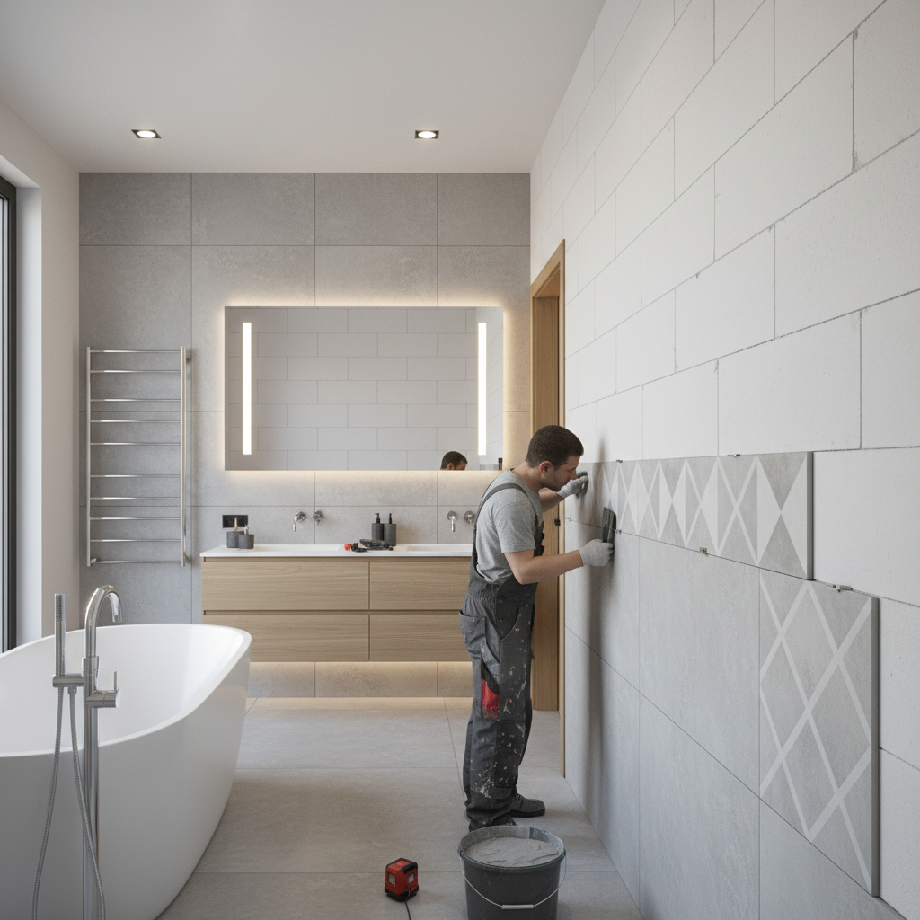 Elegancka, nowoczesna łazienka, w której jedna ze ścian jest w trakcie wykańczania. Na idealnie równej, białej ścianie z bloczków betonu komórkowego glazurnik układa duże, modne płytki ceramiczne. Widoczna jest łatwość pracy i precyzja, z jaką płytki przylegają do surowego muru.