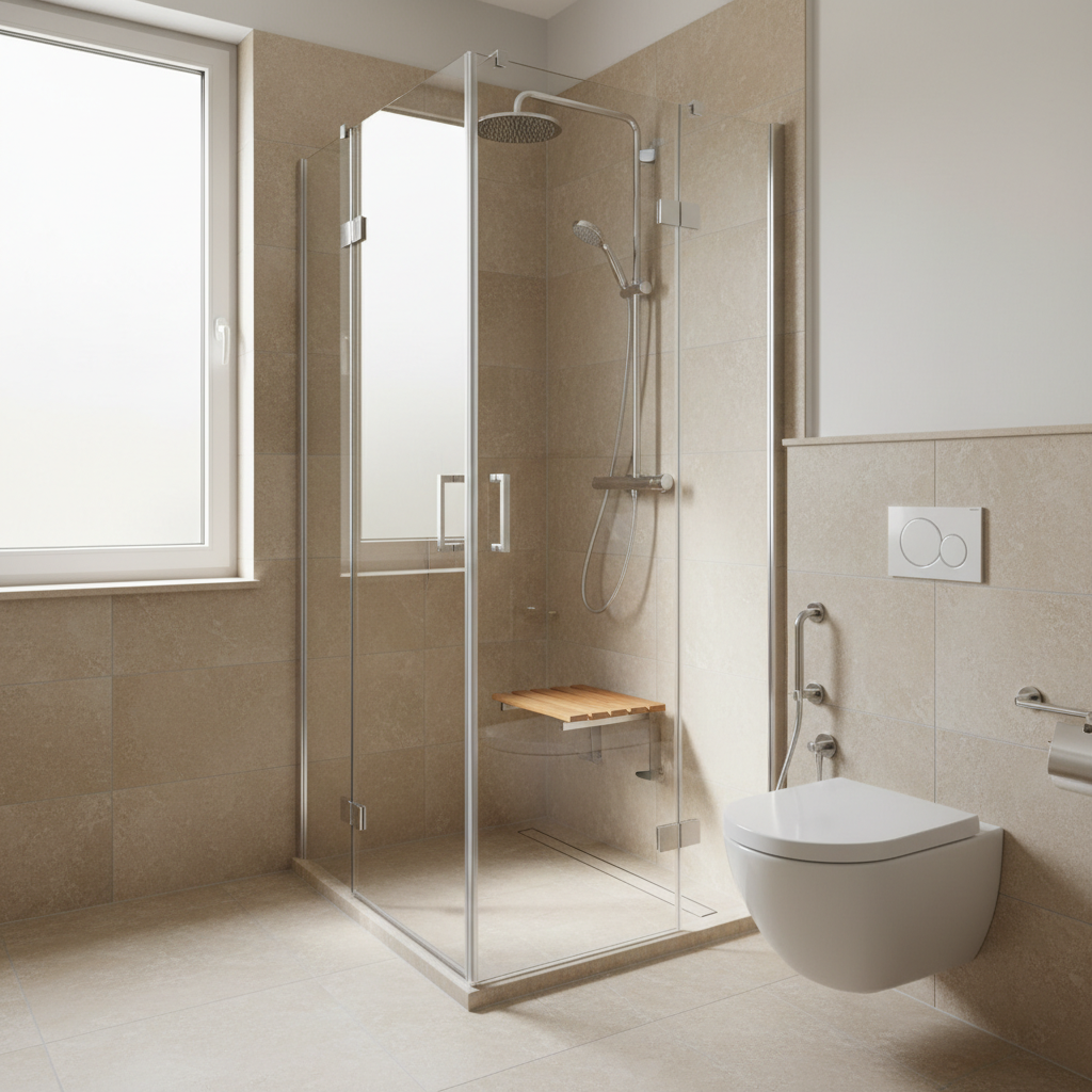 Nowoczesna, jasno oświetlona łazienka z dużymi, beżowymi płytkami antypoślizgowymi. W centralnym punkcie znajduje się przestronna kabina prysznicowa typu walk-in z odpływem liniowym, wyposażona w eleganckie, chromowane poręcze i składane siedzisko z drewna tekowego. Obok widać podwieszaną miskę WC z zamontowanym obok uchwytem. Całość tworzy wrażenie bezpiecznej, komfortowej i estetycznej przestrzeni.