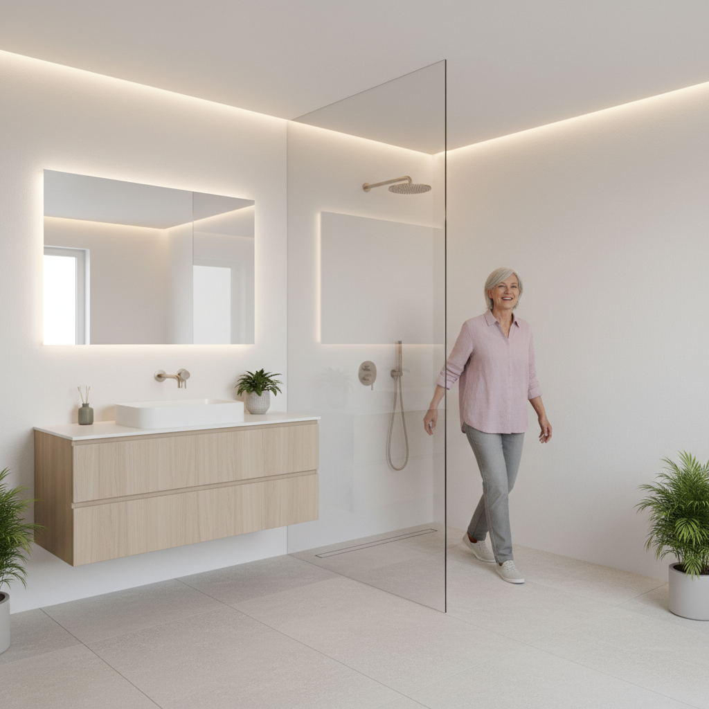 Jasna, nowoczesna łazienka z prysznicem typu walk-in. Starsza osoba z uśmiechem swobodnie wchodzi do strefy prysznica, nie napotykając żadnych barier architektonicznych. Podłoga jest jednolita na całej powierzchni, a w tle widać minimalistyczny odpływ liniowy. Kadr emanuje spokojem, komfortem i poczuciem bezpieczeństwa.