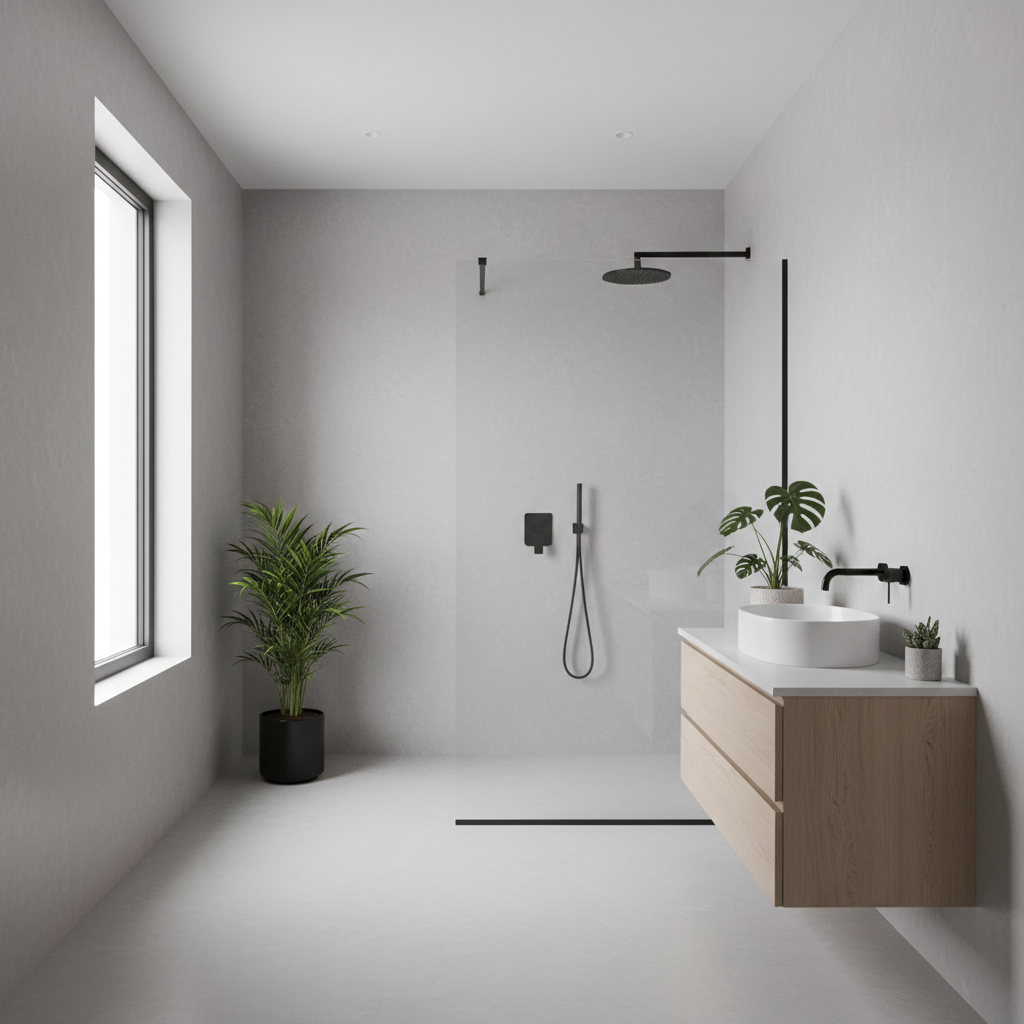 Nowoczesna, minimalistyczna łazienka z prysznicem typu walk-in. Ściany i podłoga pokryte gładkim, jasnoszarym mikrocementem, tworząc jednolitą, bezfugową powierzchnię. Duże okno wpuszcza naturalne światło. Wnętrze jest wyposażone w czarną armaturę, drewnianą szafkę pod umywalką i kilka zielonych roślin doniczkowych dodających życia. Całość tworzy wrażenie przestronności, spokoju i luksusu.