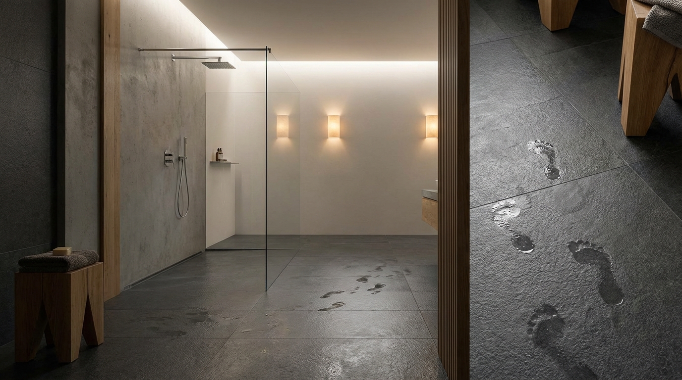 Elegancka, minimalistyczna łazienka z prysznicem typu walk-in. Podłoga wyłożona jest dużymi, strukturalnymi płytkami w odcieniu grafitu. Na mokrej posadzce widać odciski stóp, co subtelnie sugeruje, że jest ona bezpieczna i antypoślizgowa nawet w trudnych warunkach. Całość oświetlona jest miękkim, rozproszonym światłem.